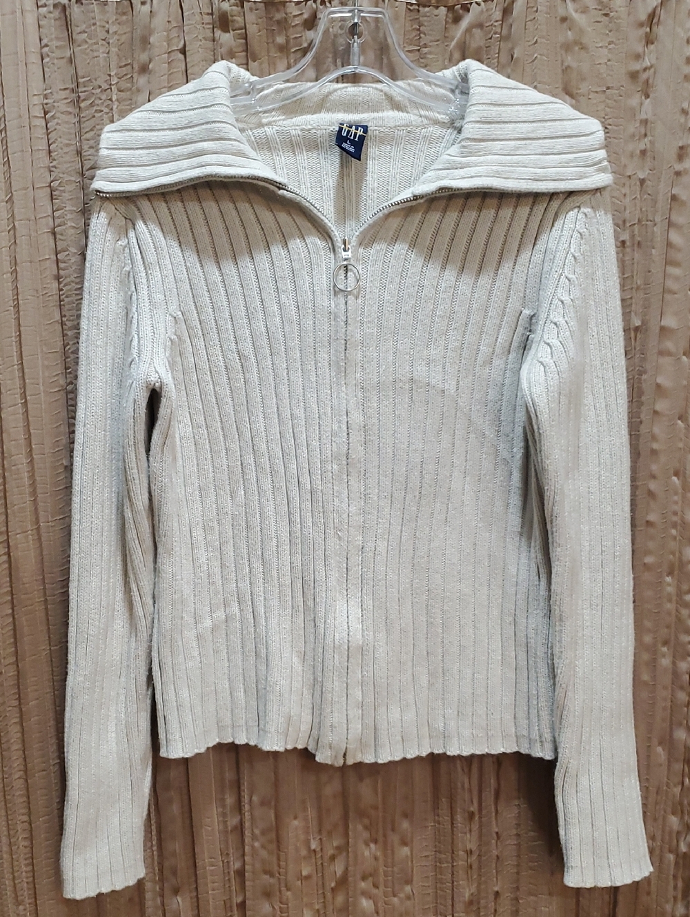GAP Light Cream Ribbed Front Zip Cardigan Sweater with Fold Collar Size Large